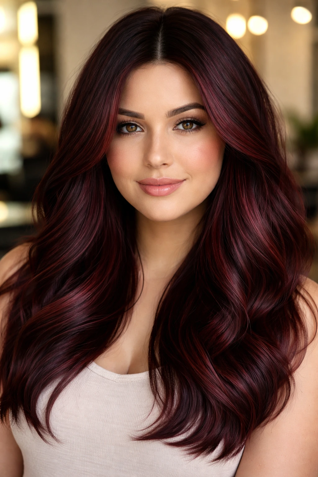 Close-up of deep burgundy balayage on dark brown hair.
