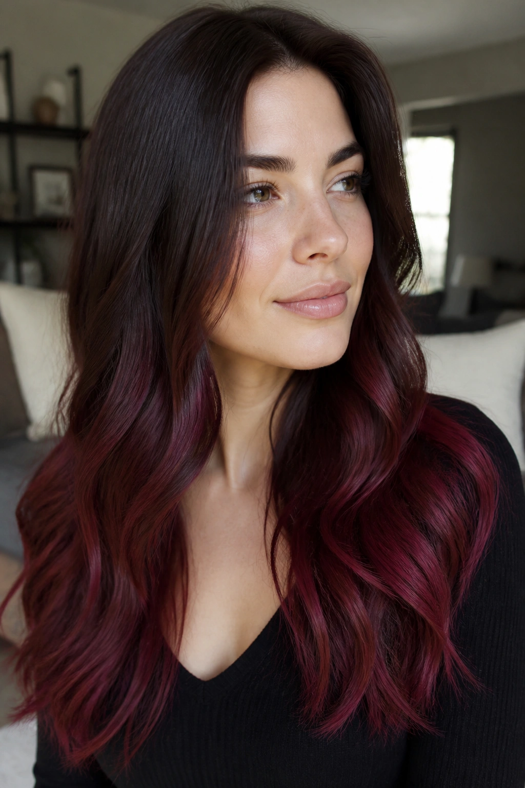 Close-up of a real woman with burgundy balayage ends