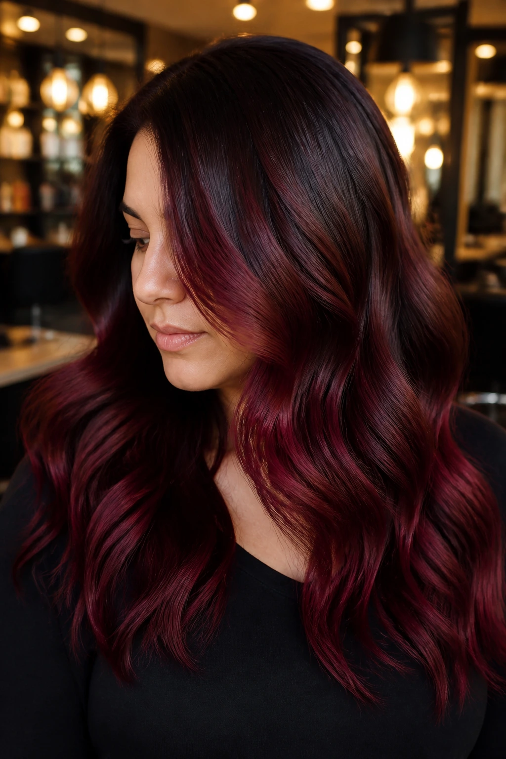 Close-up of deep burgundy balayage on brown hair in loose waves