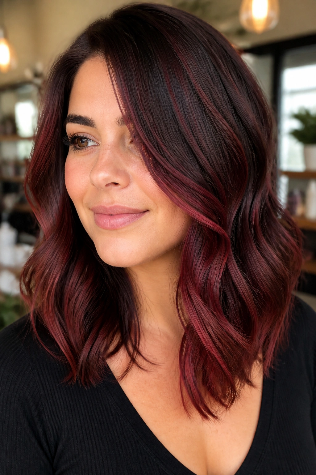 Close-up portrait of a real woman with burgundy balayage that lengthens a round face