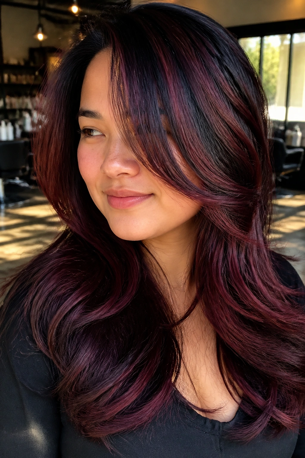 Close-up of a real woman with burgundy balayage through long layers.