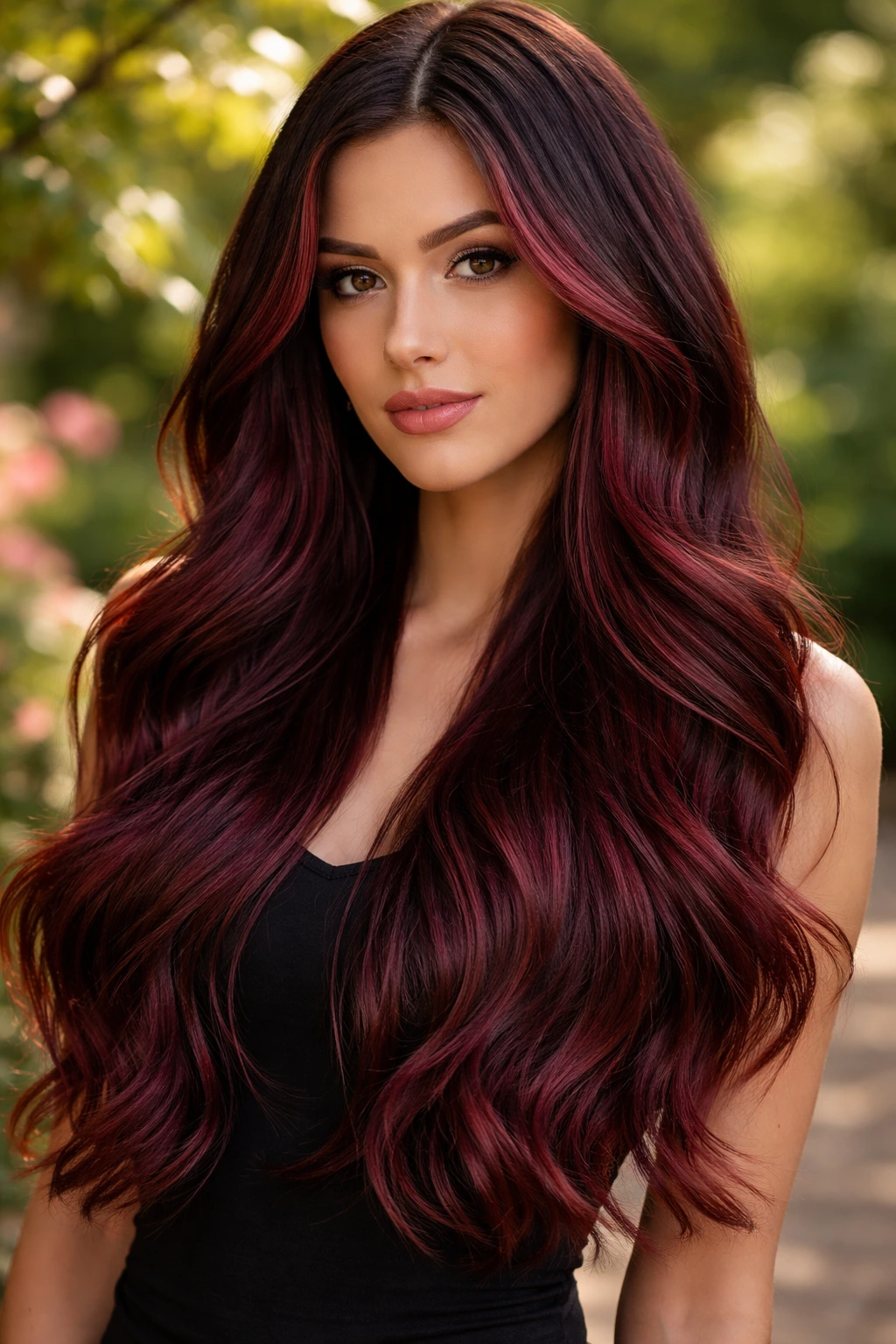 Real woman with burgundy balayage ombré, face-framing highlights