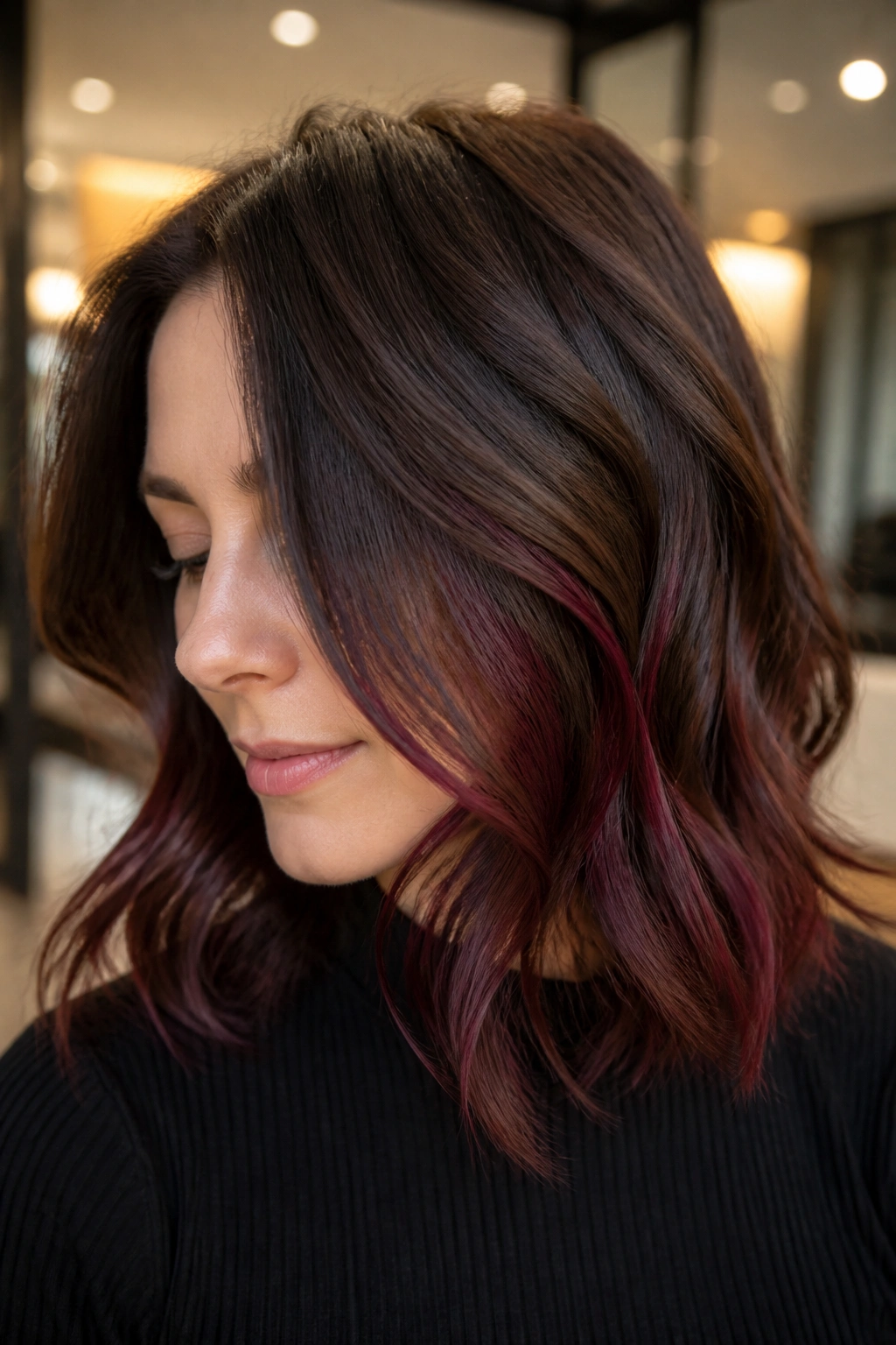 Close-up of a real woman showing burgundy peekaboo layers under brown top layer.