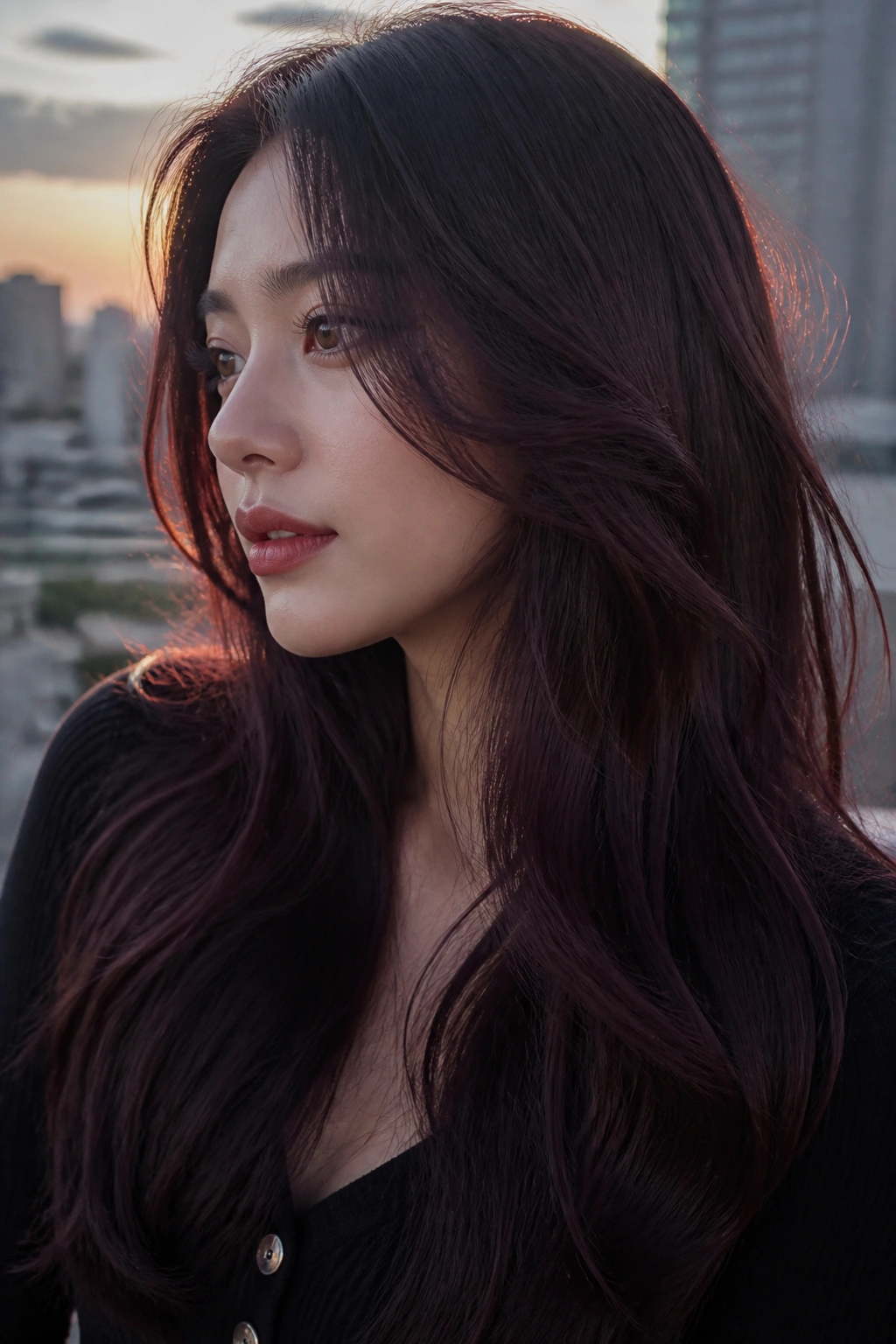 Close-up portrait of a real person with burgundy-black mahogany hair color.