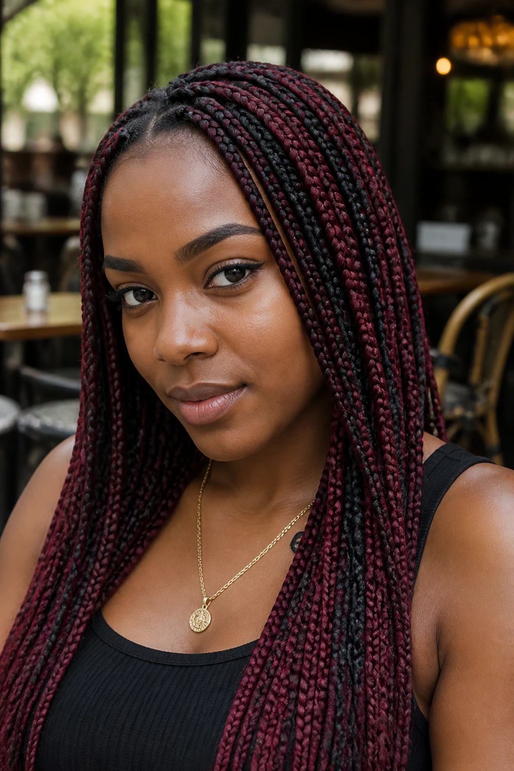 Portrait of a woman with burgundy and black mix box braids in natural light