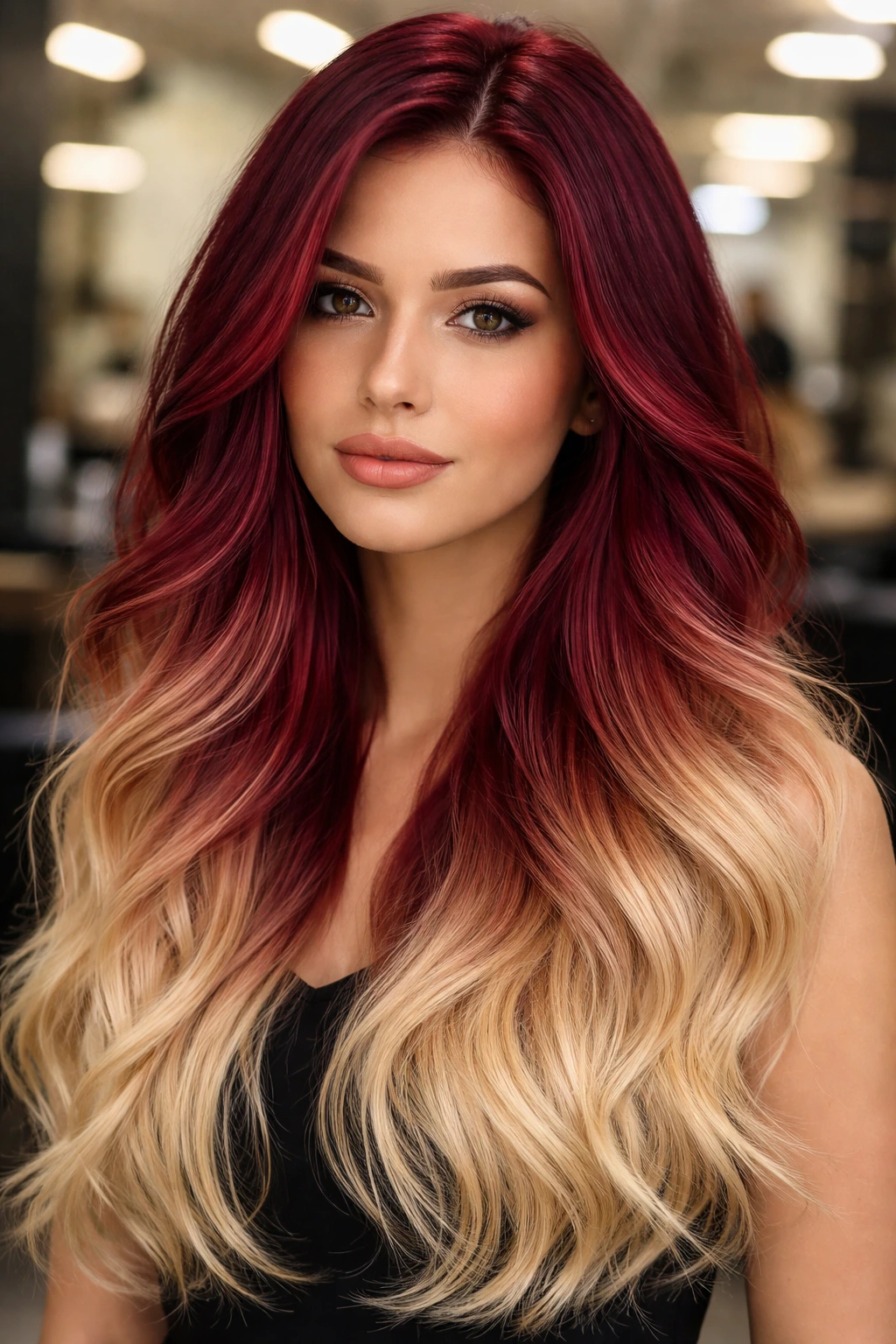 Close up of hair showing burgundy roots fading to blonde ends in a salon