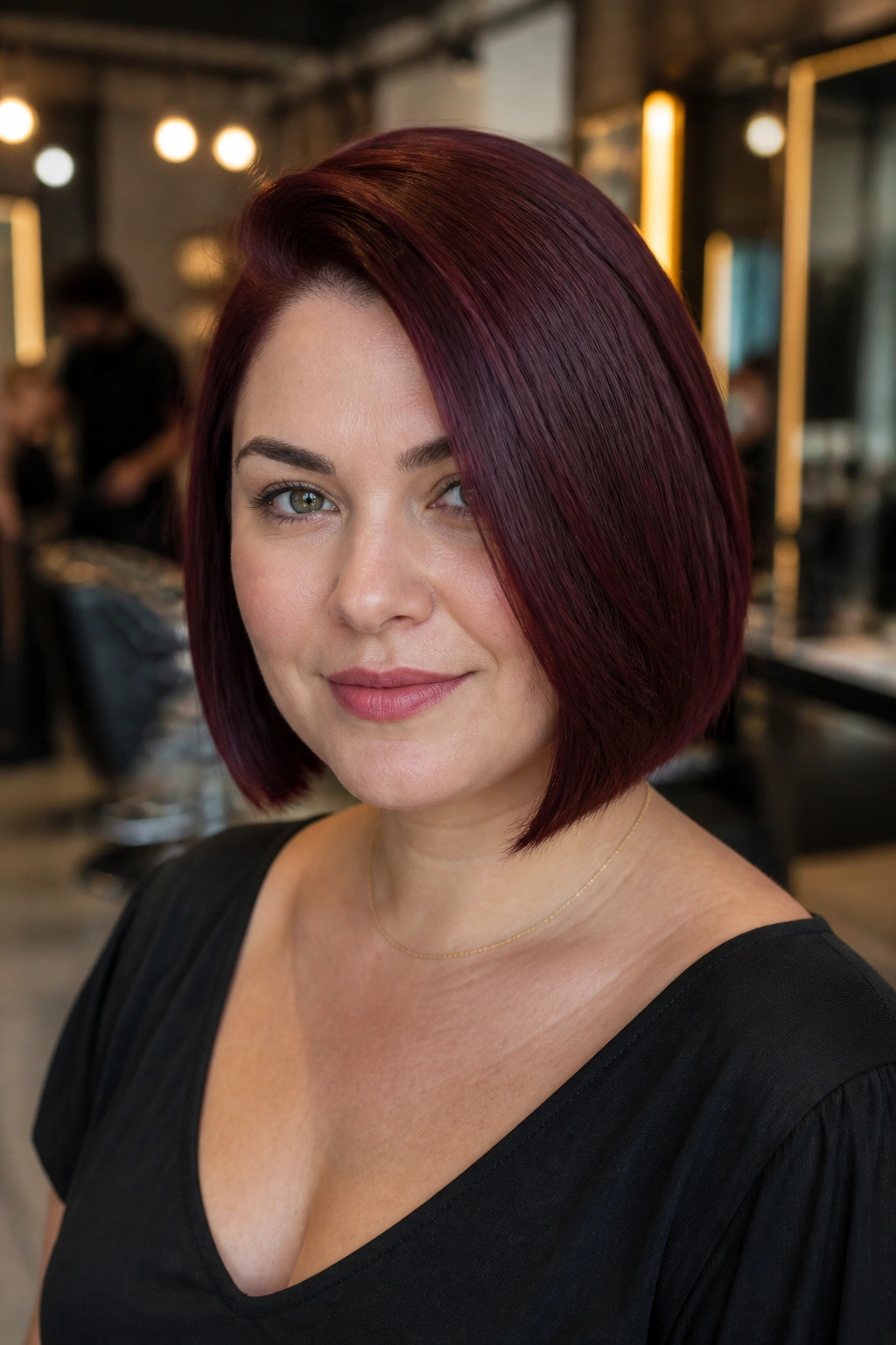 Head-and-shoulders portrait of a real woman with burgundy blunt bob and deep side part.