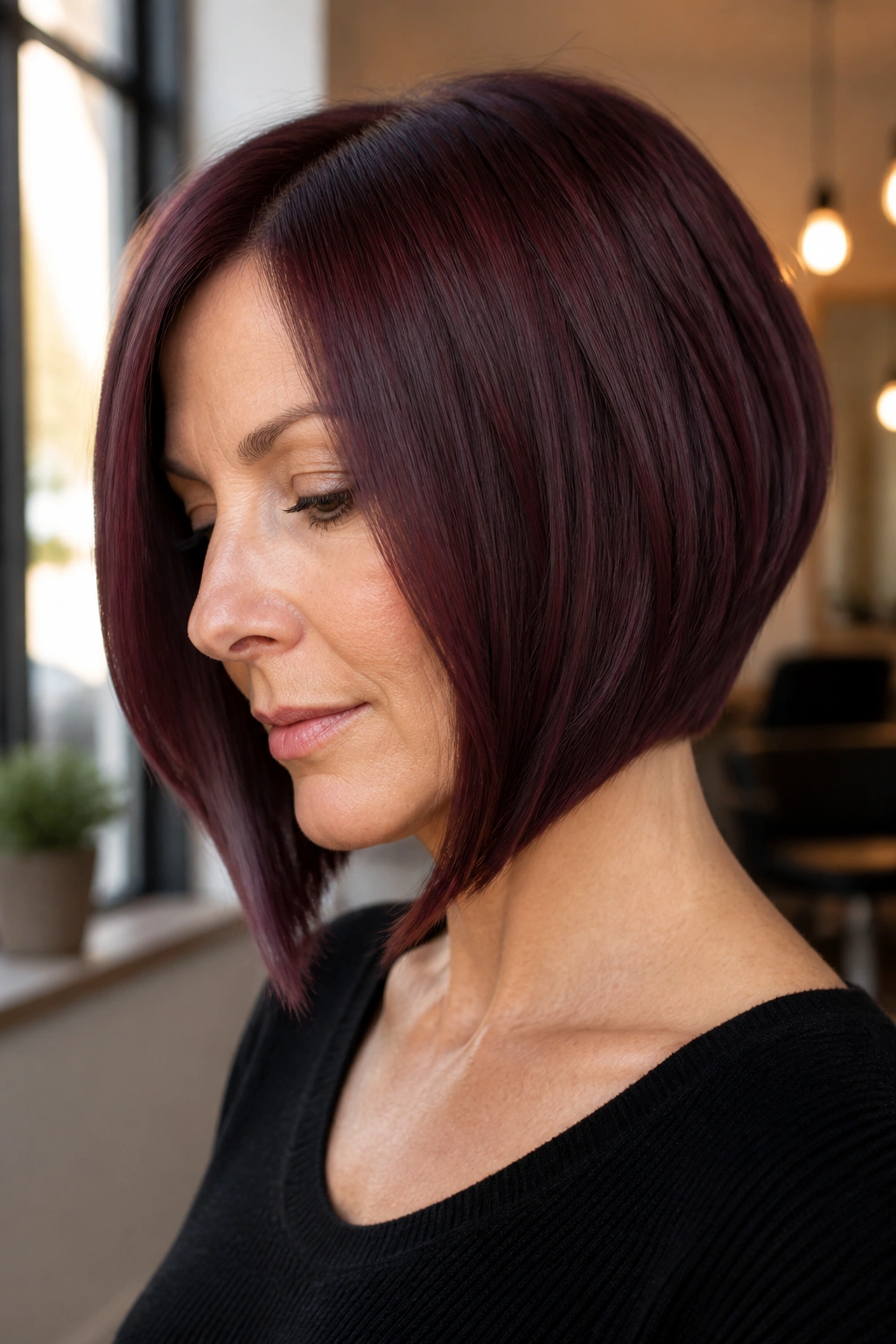 Close-up portrait of a real woman with a Burgundy A-Line Bob with a Slight Angle, front longer than back, soft window light.