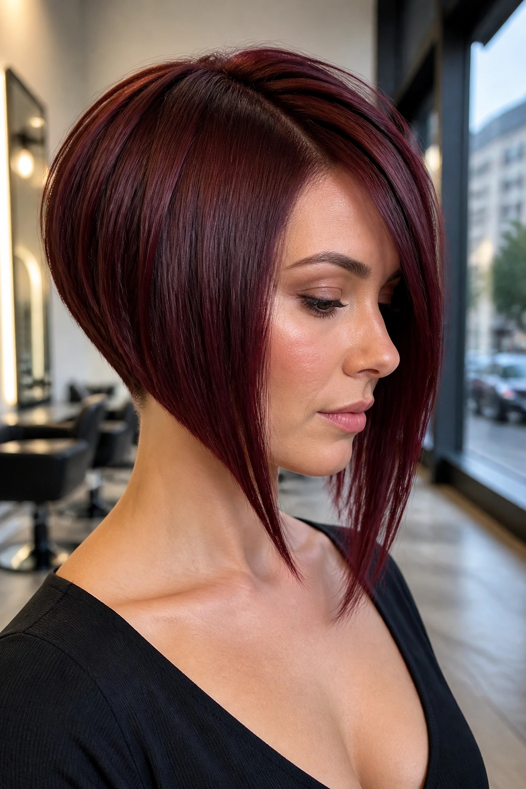 Close-up of a real woman with an angled burgundy A-line bob
