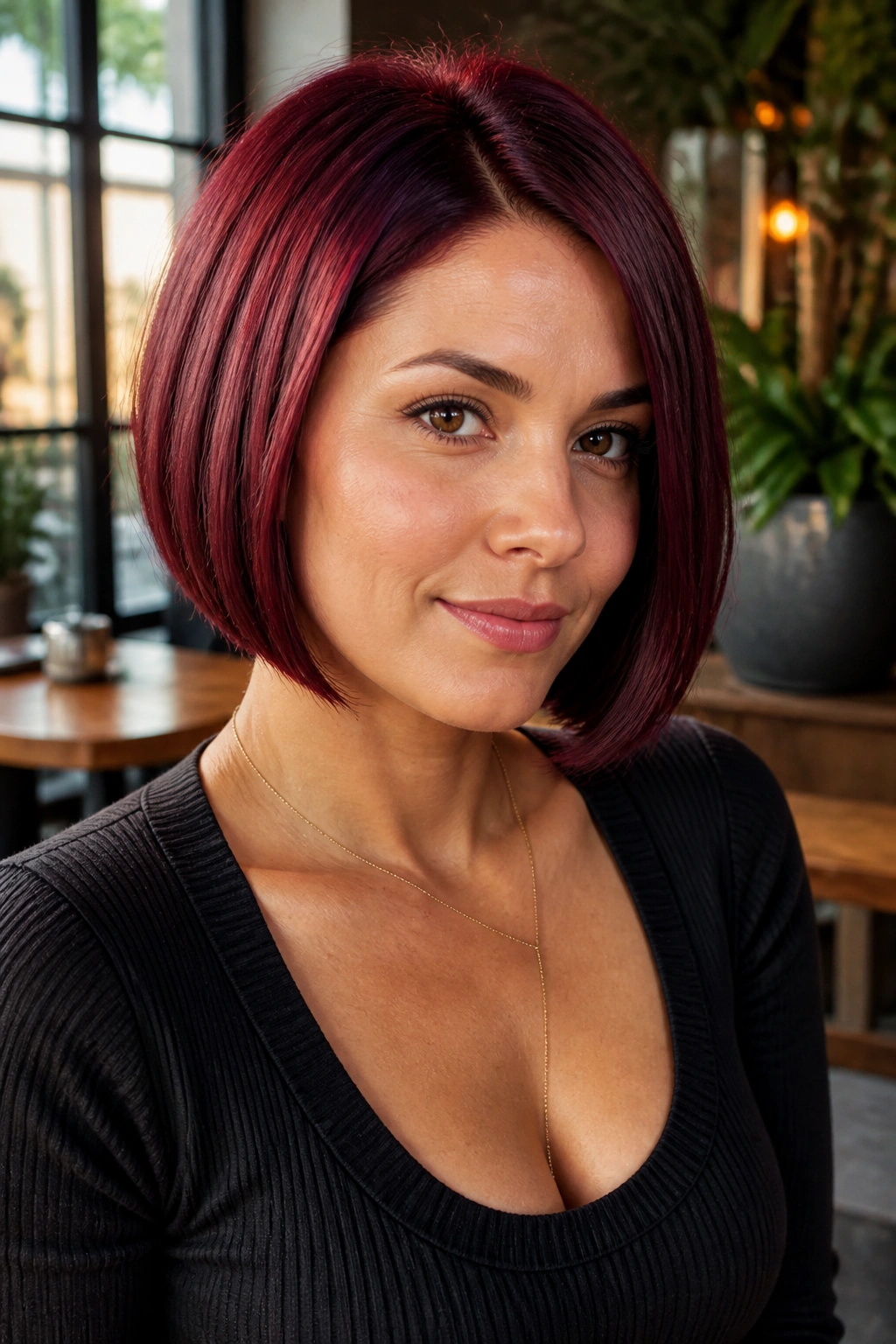 Close-up of a real woman with a sleek blunt burgundy bob and off-center part