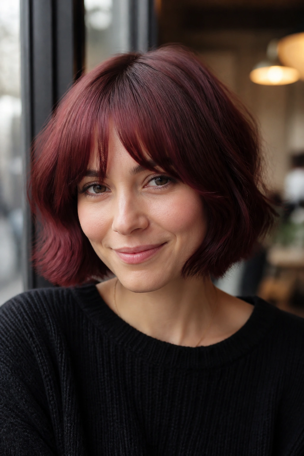 Close-up portrait of a real woman with an airy burgundy bob and bottleneck bangs.