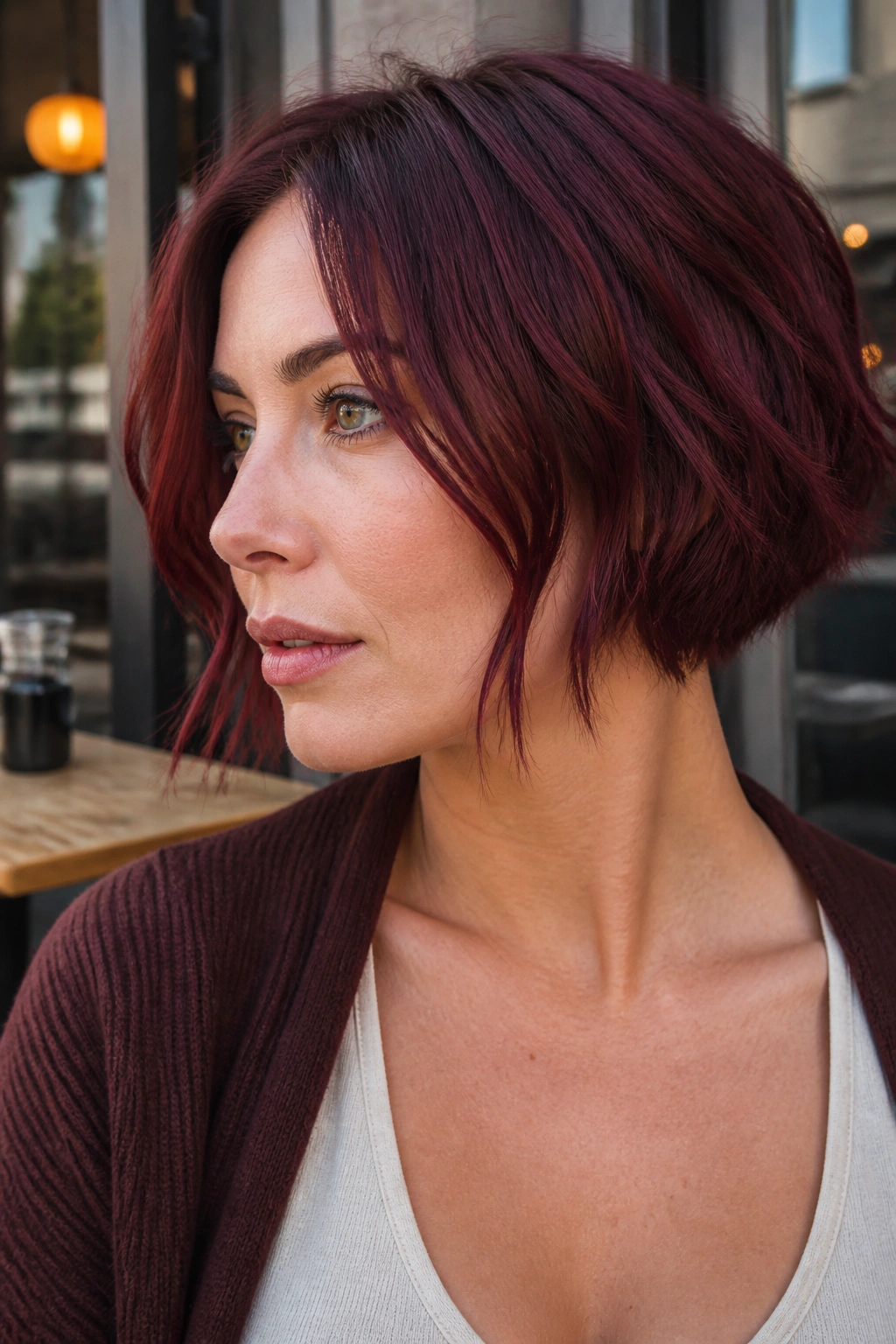 Close-up of a burgundy bob with jaw-skimming choppy pieces on a real woman.