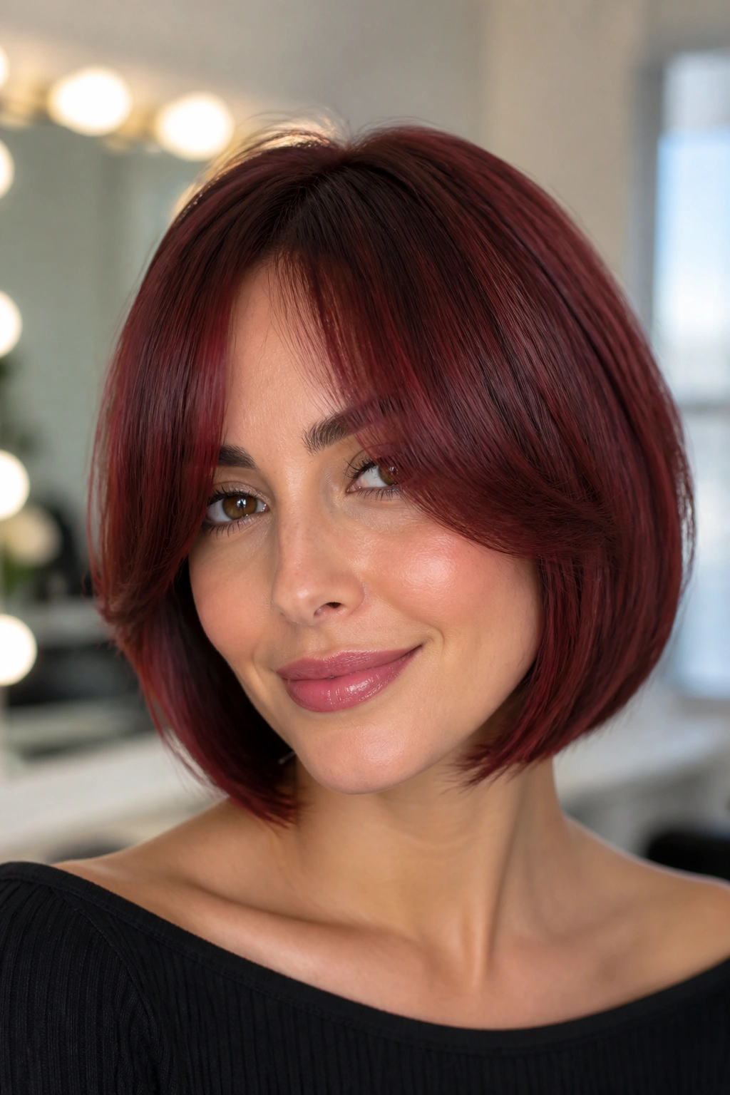 Portrait of burgundy bob with soft curtain bangs in bright dressing room