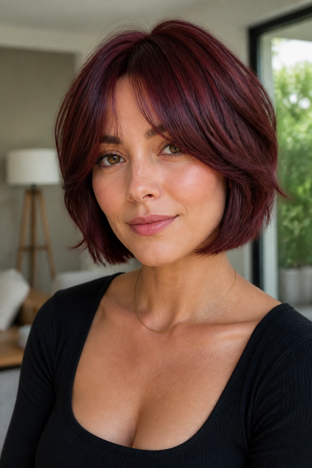 Close-up of a real woman with layered burgundy bob and curtain bangs