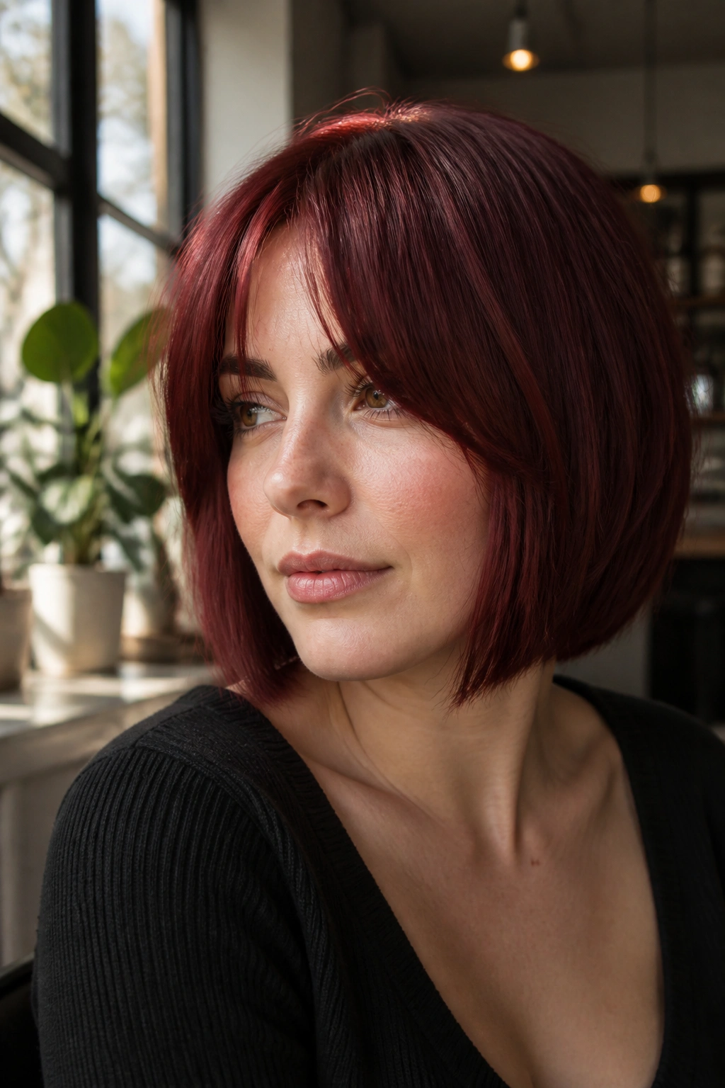 Close-up portrait of a real woman with burgundy bob and curtain bangs.