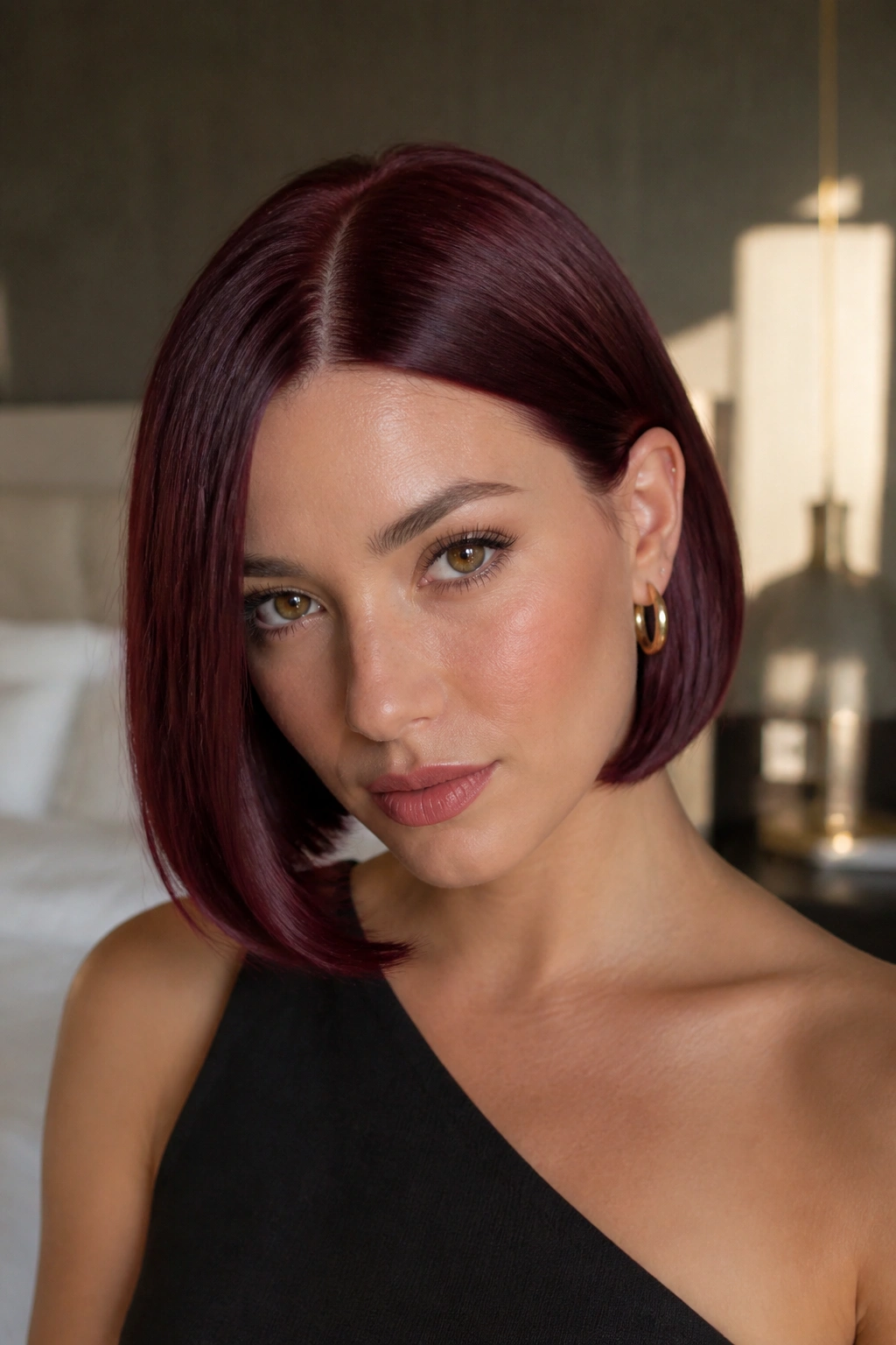 Close-up portrait of a real woman with a burgundy bob featuring a deep center part and tucked ends, warm natural light