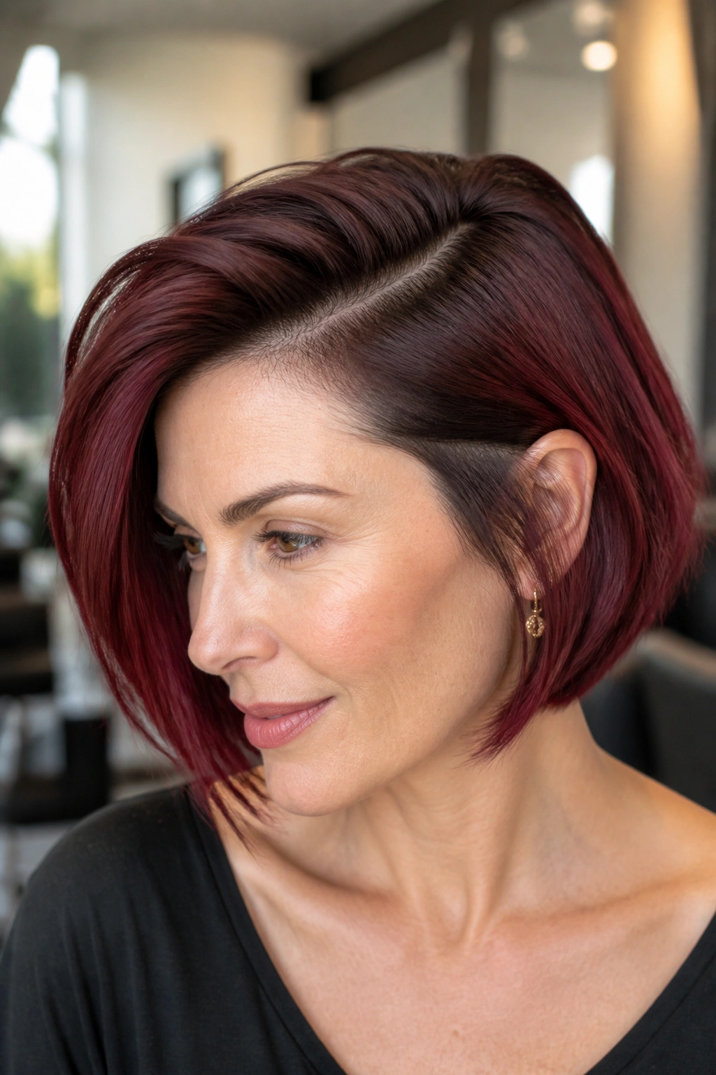 Real woman with burgundy bob deep side part and shadow root