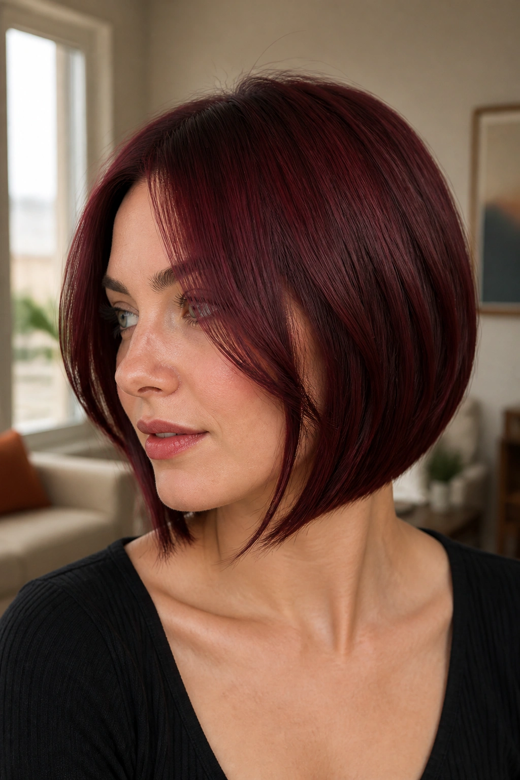 Real woman with burgundy bob featuring face-framing pieces near the cheeks