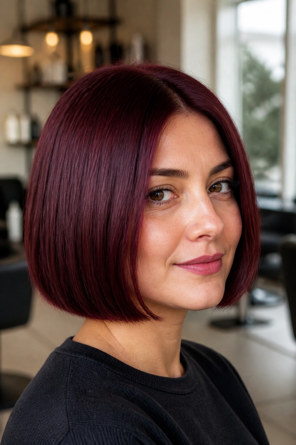 Close-up of a real woman with a classic burgundy bob at jaw-length in a salon