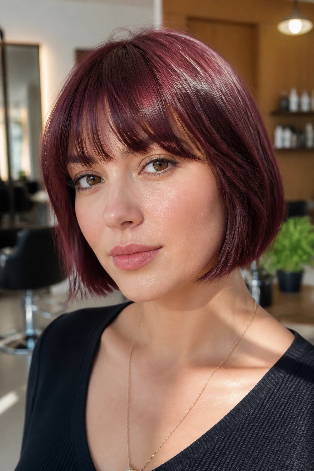 Portrait of a real woman with French burgundy bob and brow-grazing fringe in bright salon light