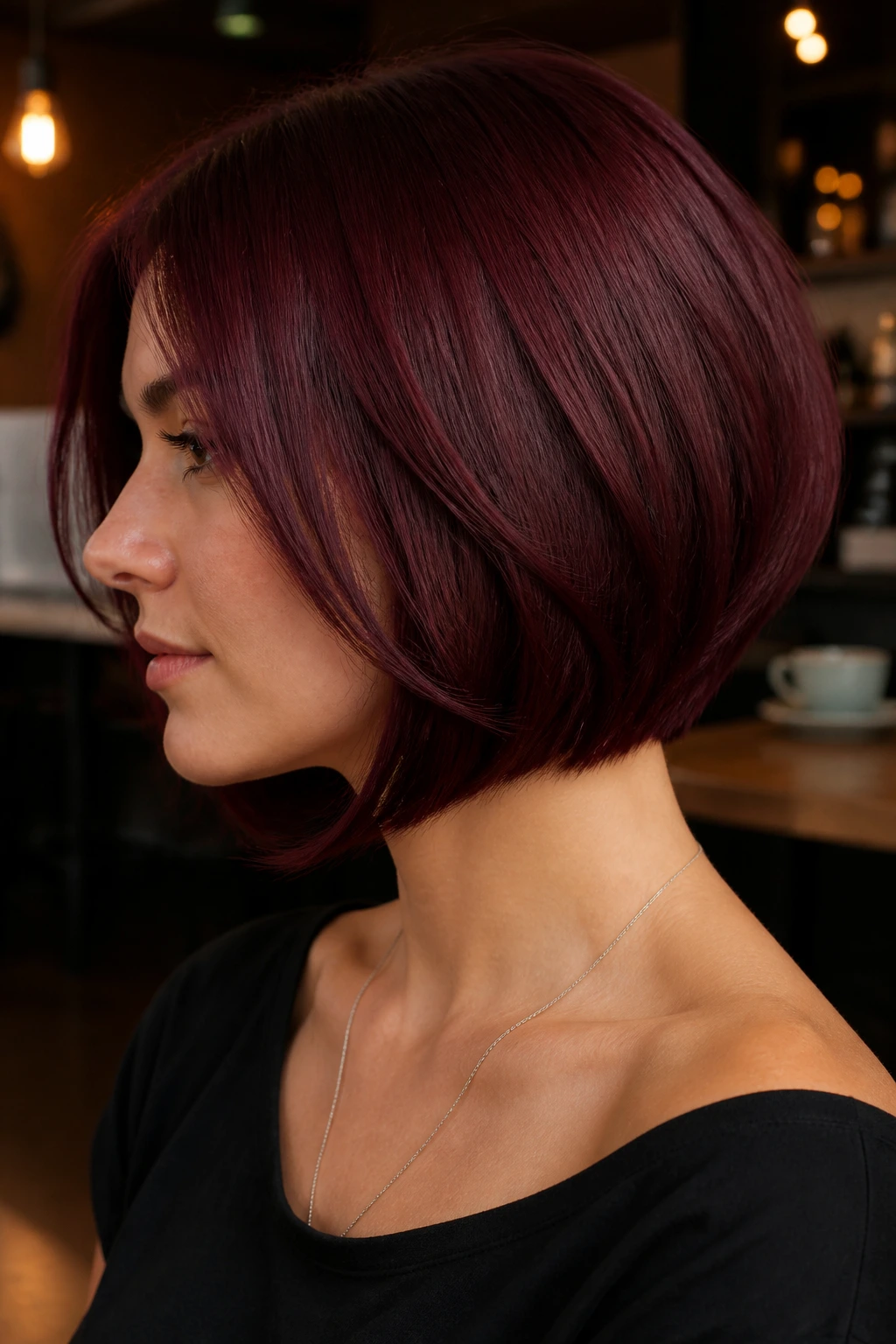 Portrait of a real woman in a burgundy bob with hidden layers.