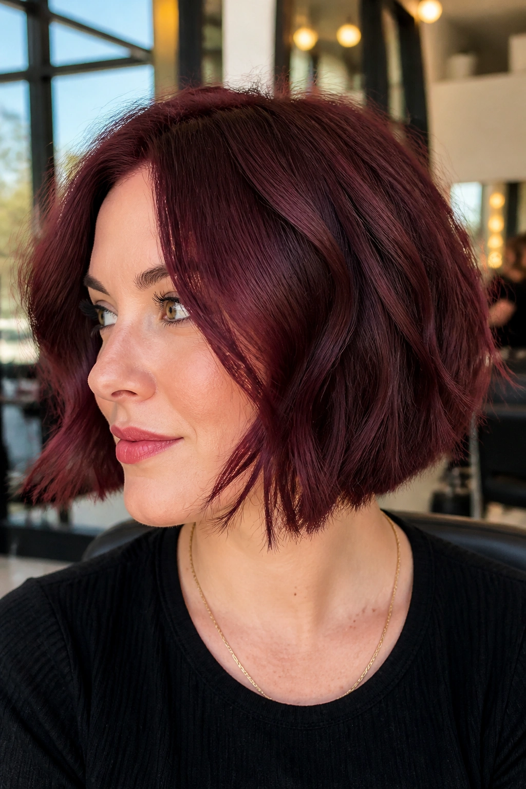 Close-up portrait of a real person with burgundy textured bob with invisible layers, warm salon backdrop