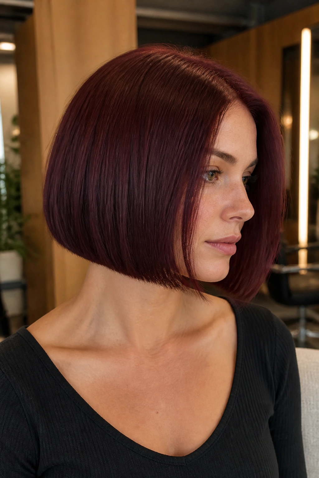 Medium-close portrait of a real woman with a mid-jaw burgundy bob and heavy perimeter, dense silhouette