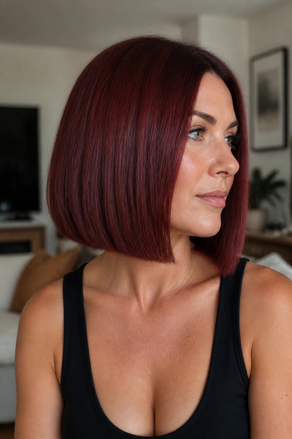 Close-up portrait of a real woman with a one-length burgundy bob.