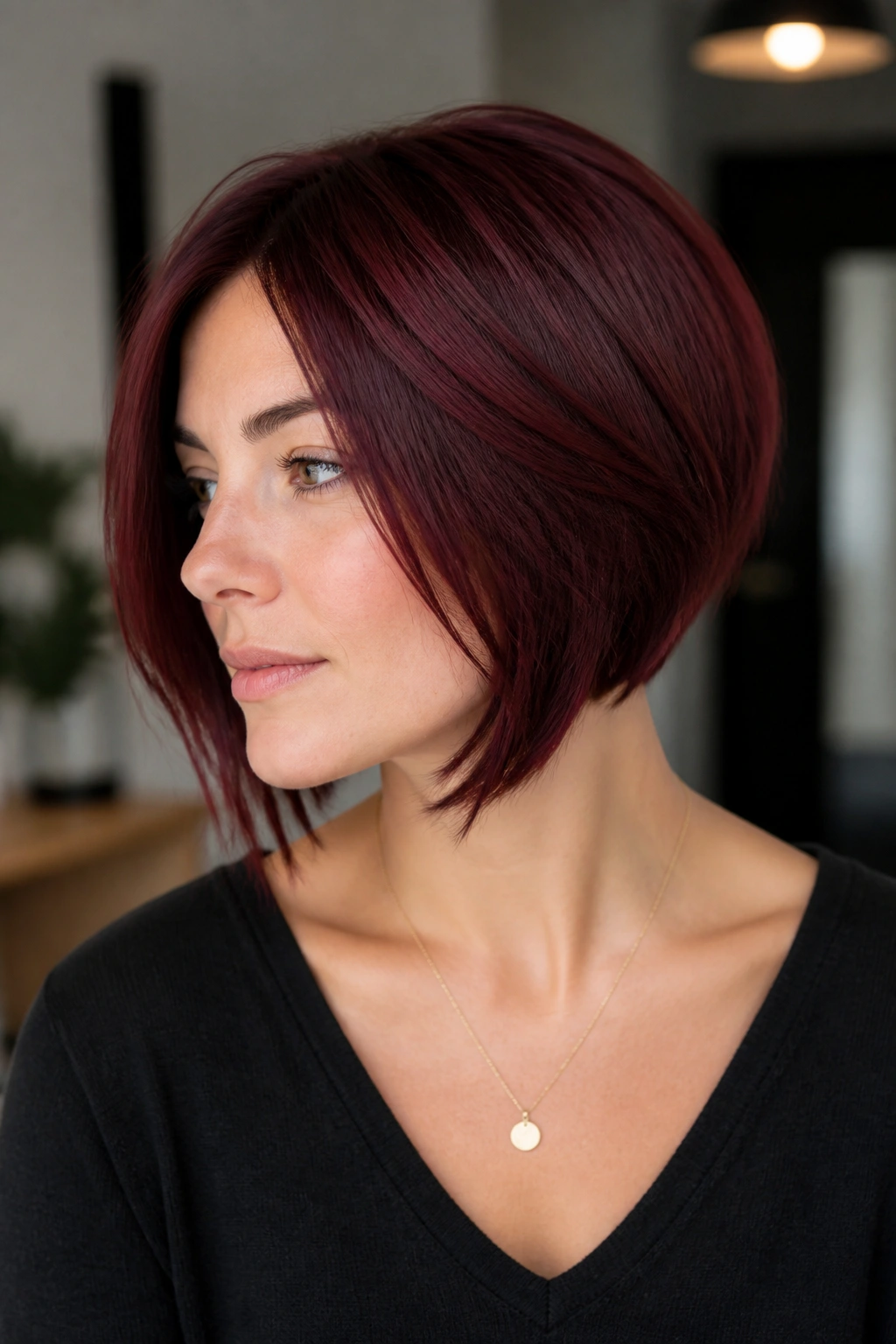 Close-up portrait of a real woman with a razored burgundy bob and tapered ends.