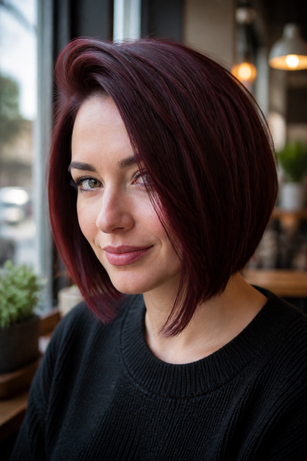 Portrait of a real woman with burgundy bob and deep side part
