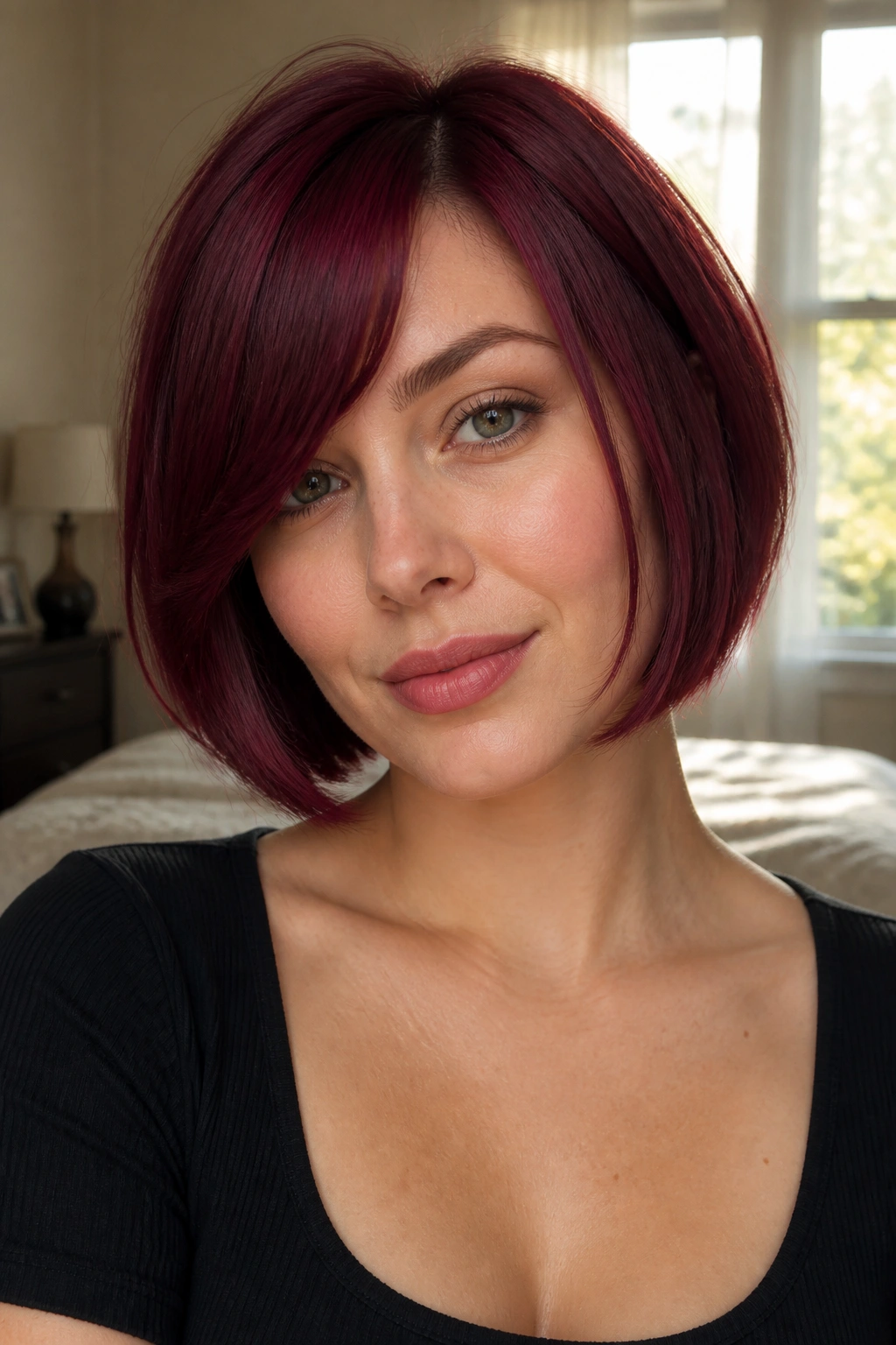Close-up of a real woman with a chin-length burgundy bob and side-swept bangs