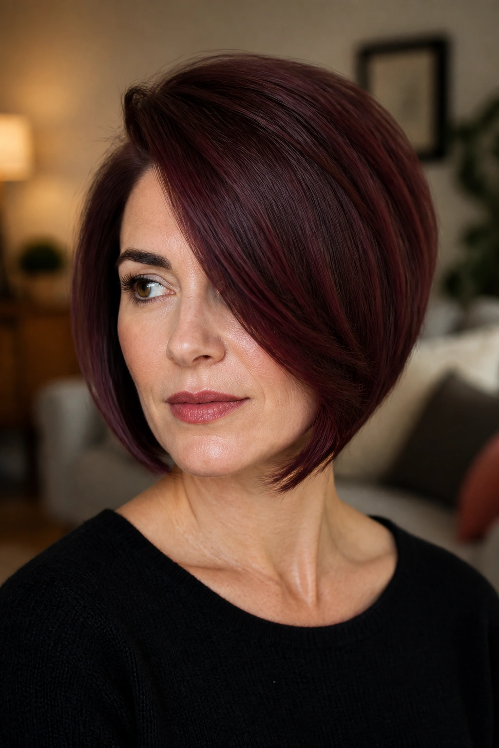 Close-up portrait of a real woman with a deep side-swept burgundy bob, crown lift and polished ends.