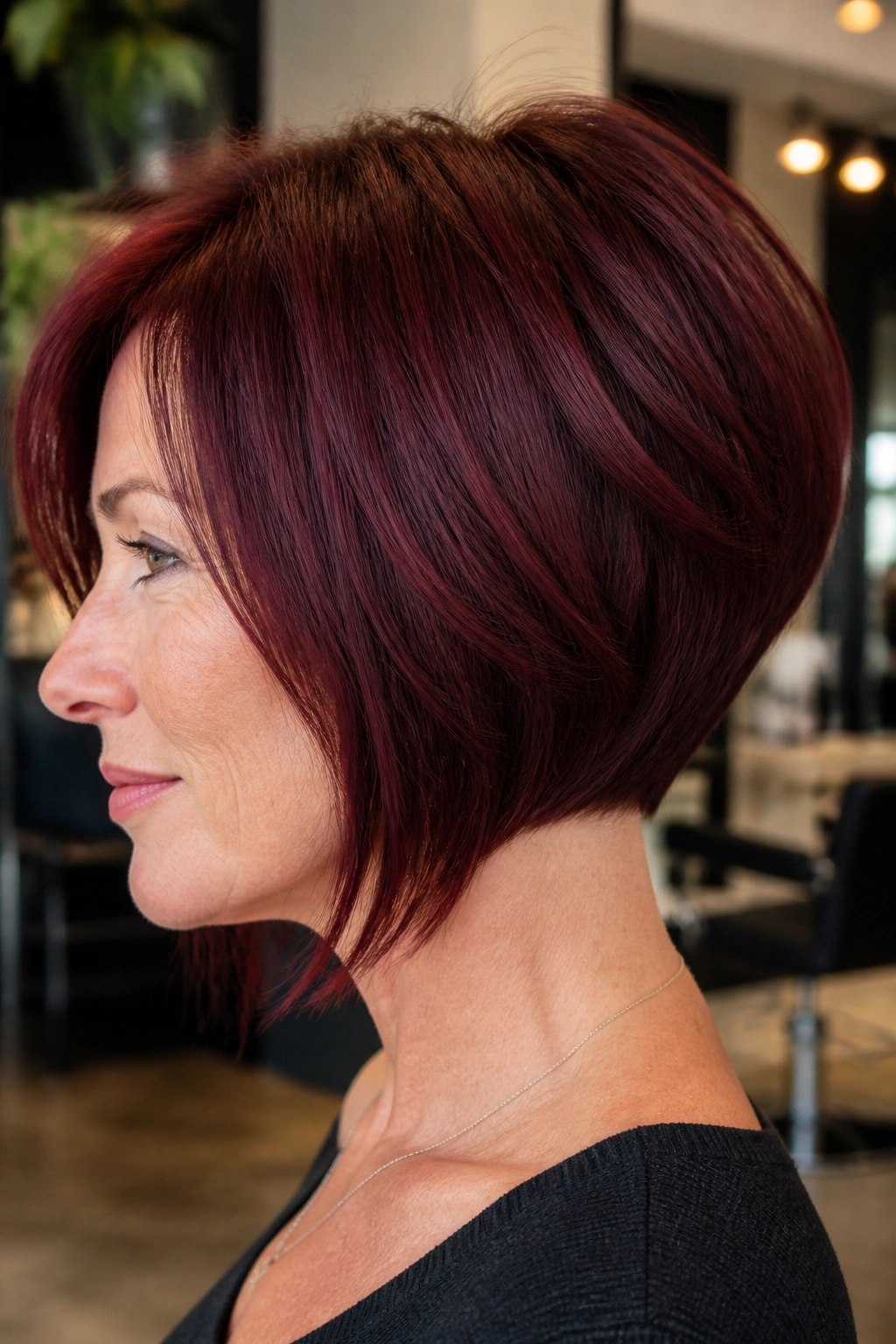 Close-up portrait of a real woman with a stacked burgundy bob and gentle nape lift.