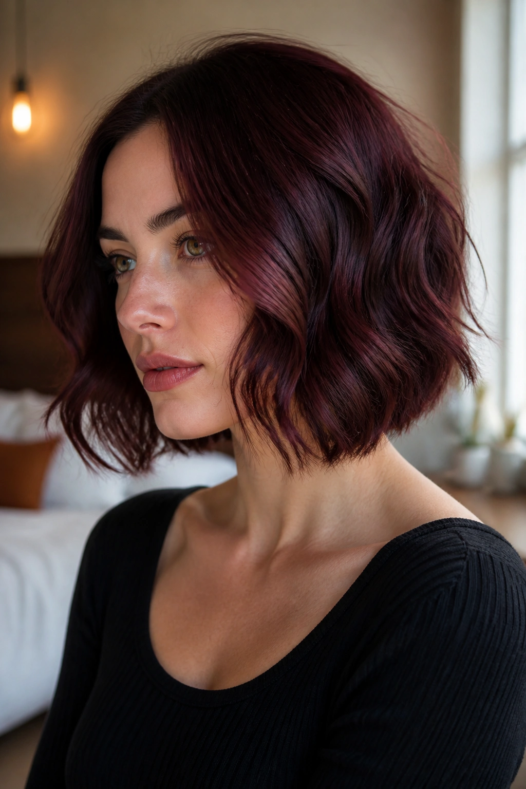 Close-up portrait of a real woman with a wavy burgundy bob and soft bend.