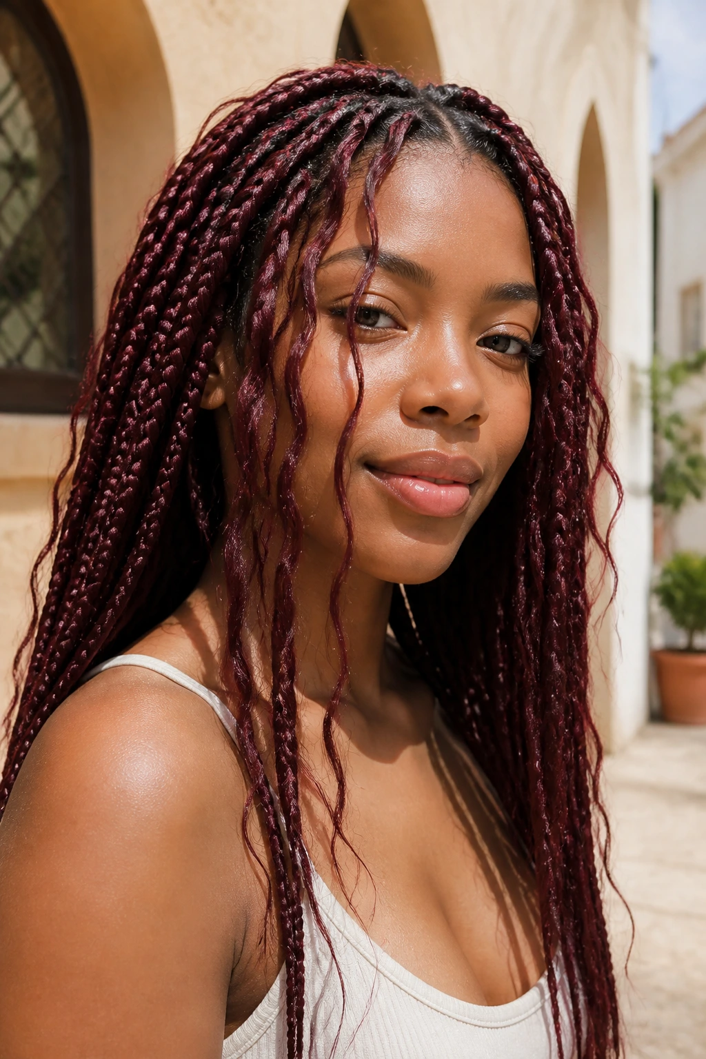 Real woman with burgundy boho box braids and loose front pieces