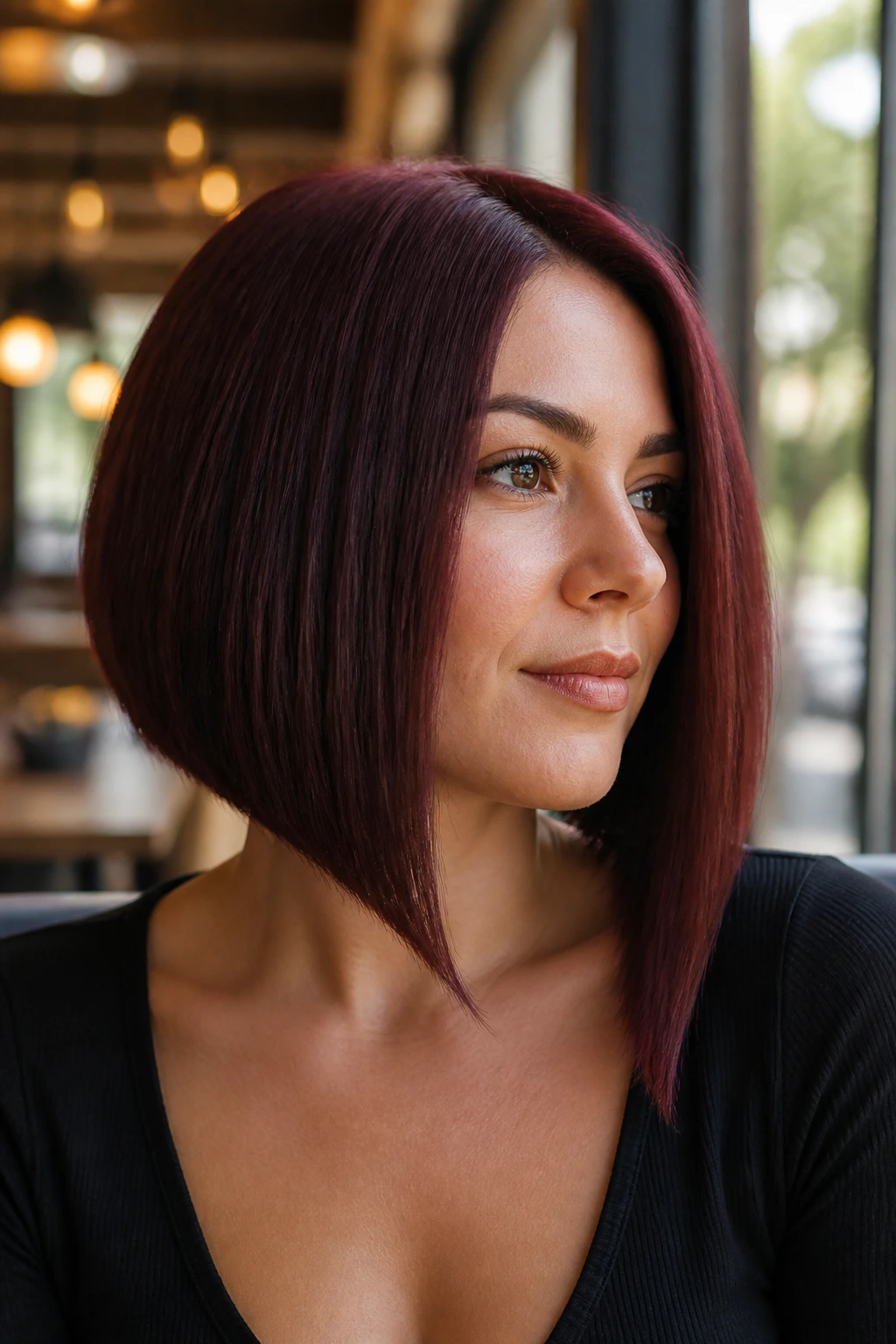 Portrait of a real woman with boxy burgundy bob and long front corners in cafe light