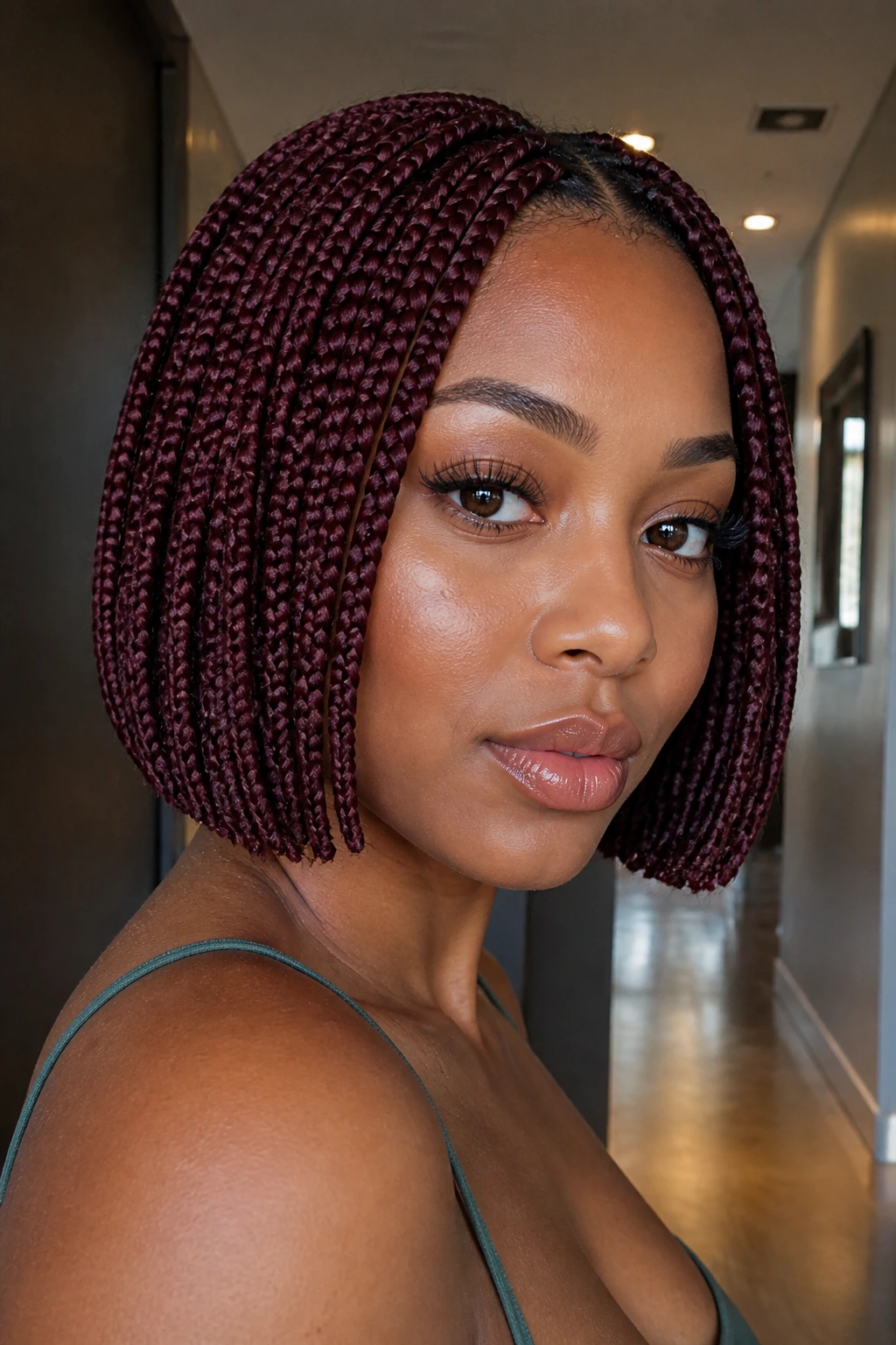 Real woman with burgundy box braids in a jawline-length bob, portrait shot