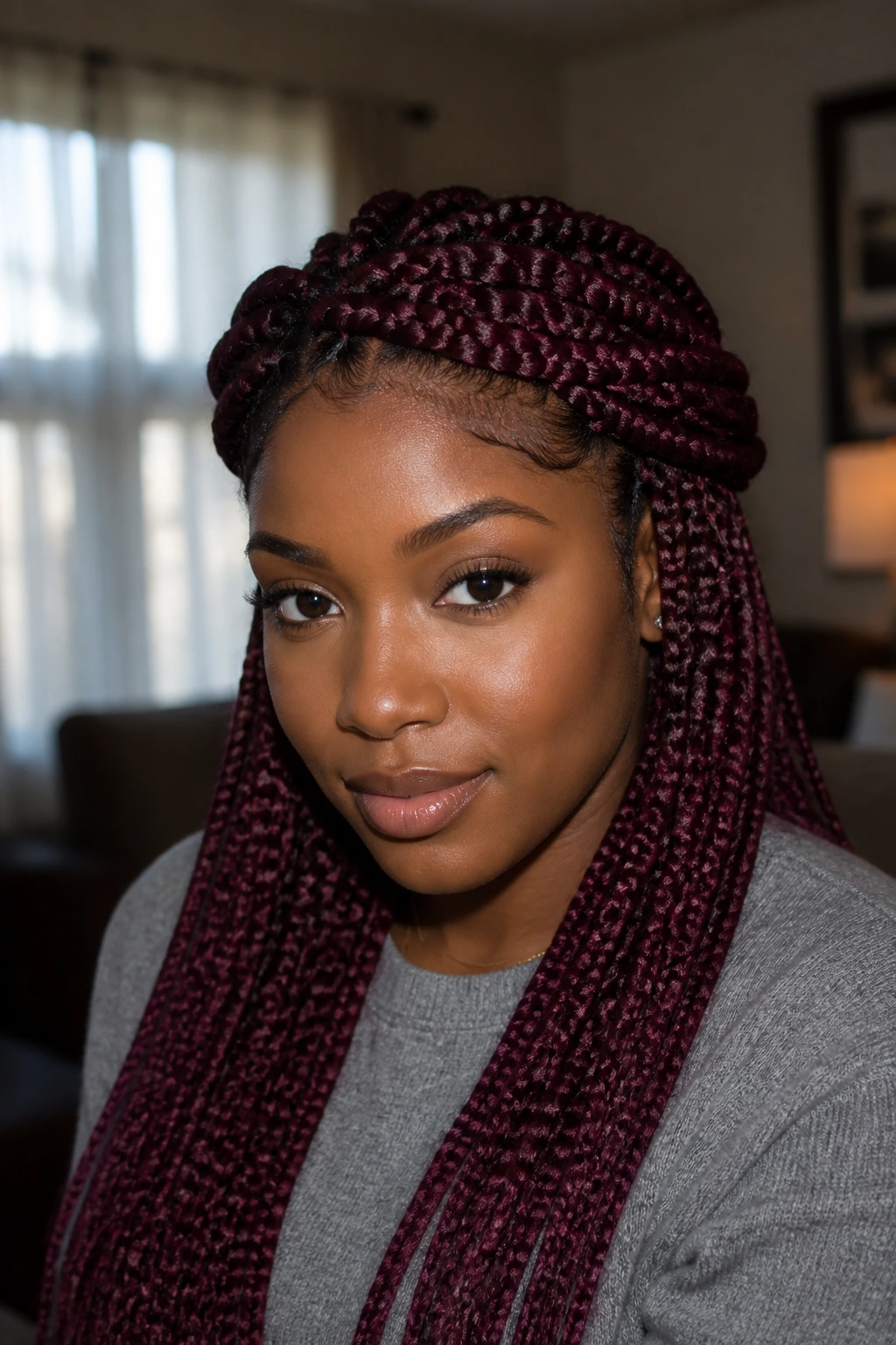 Real woman with burgundy box braids forming a crown