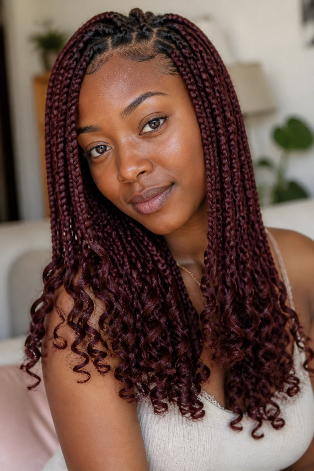 Portrait of woman with burgundy box braids ending in curls