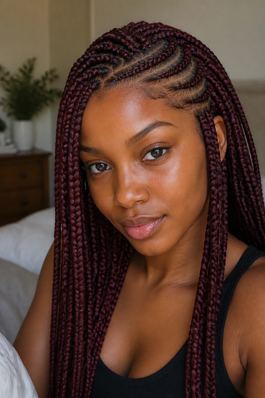Close-up of burgundy box braids with curved parts on a real person