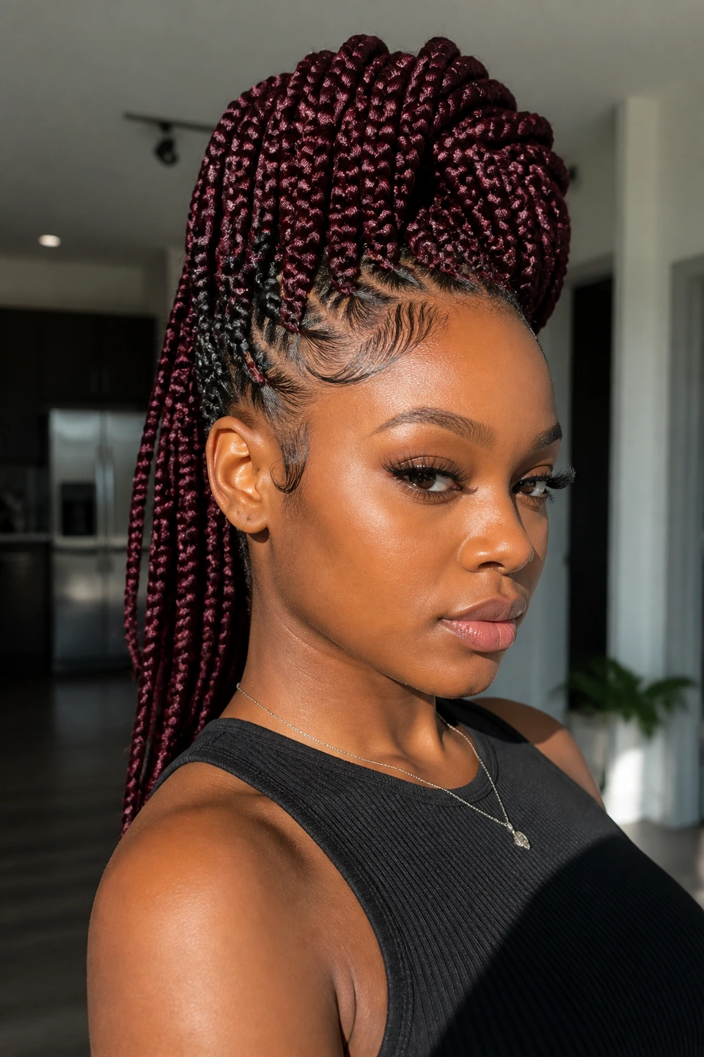 Real woman with burgundy box braids in a faux hawk