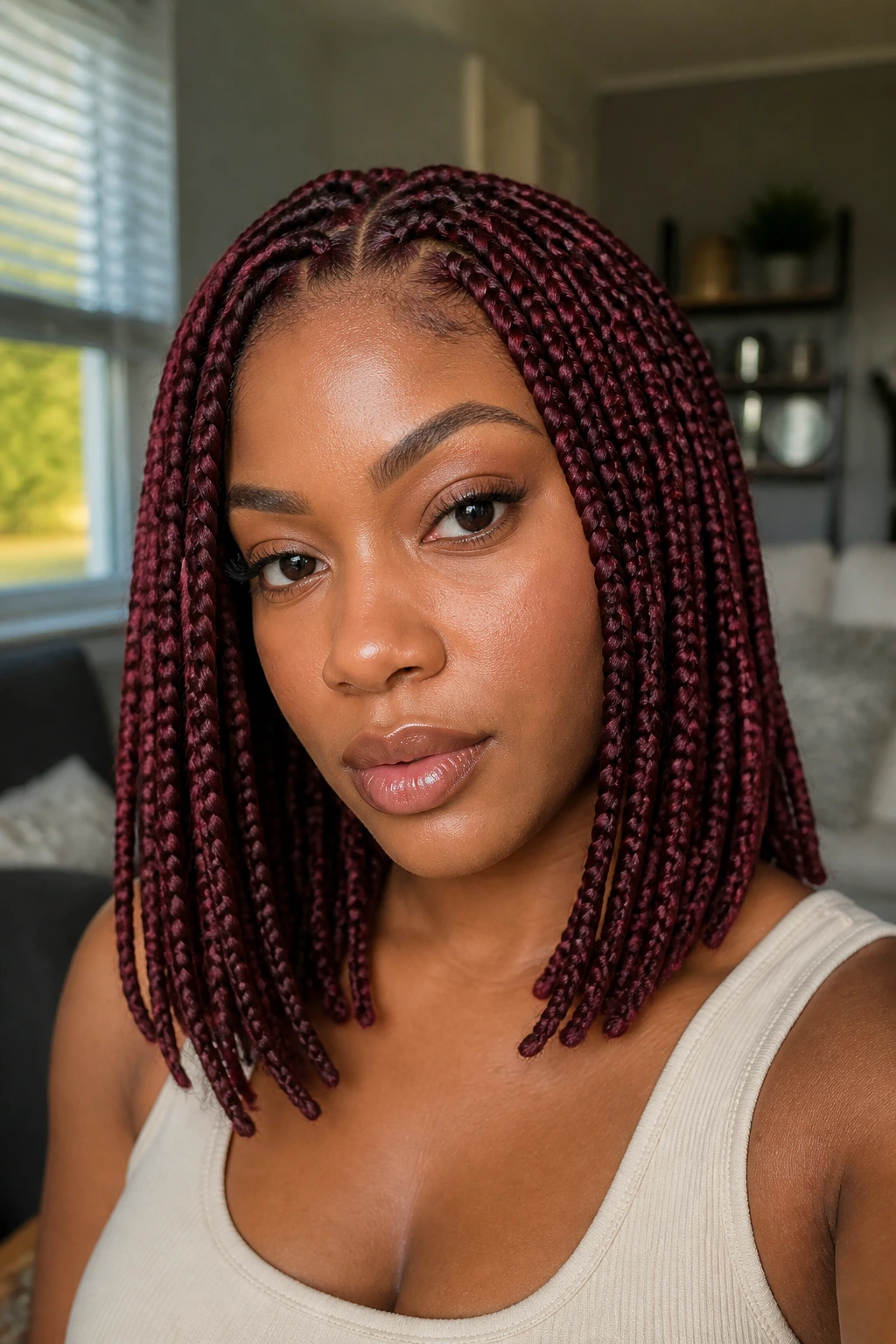 Close-up portrait of a real woman with shoulder-length burgundy box braids in a softly lit living room