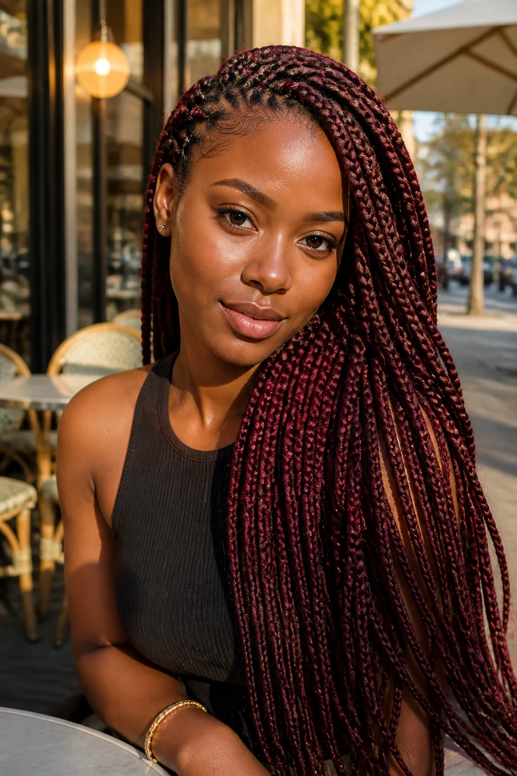 Burgundy box braids with a side-swept cascade on real person