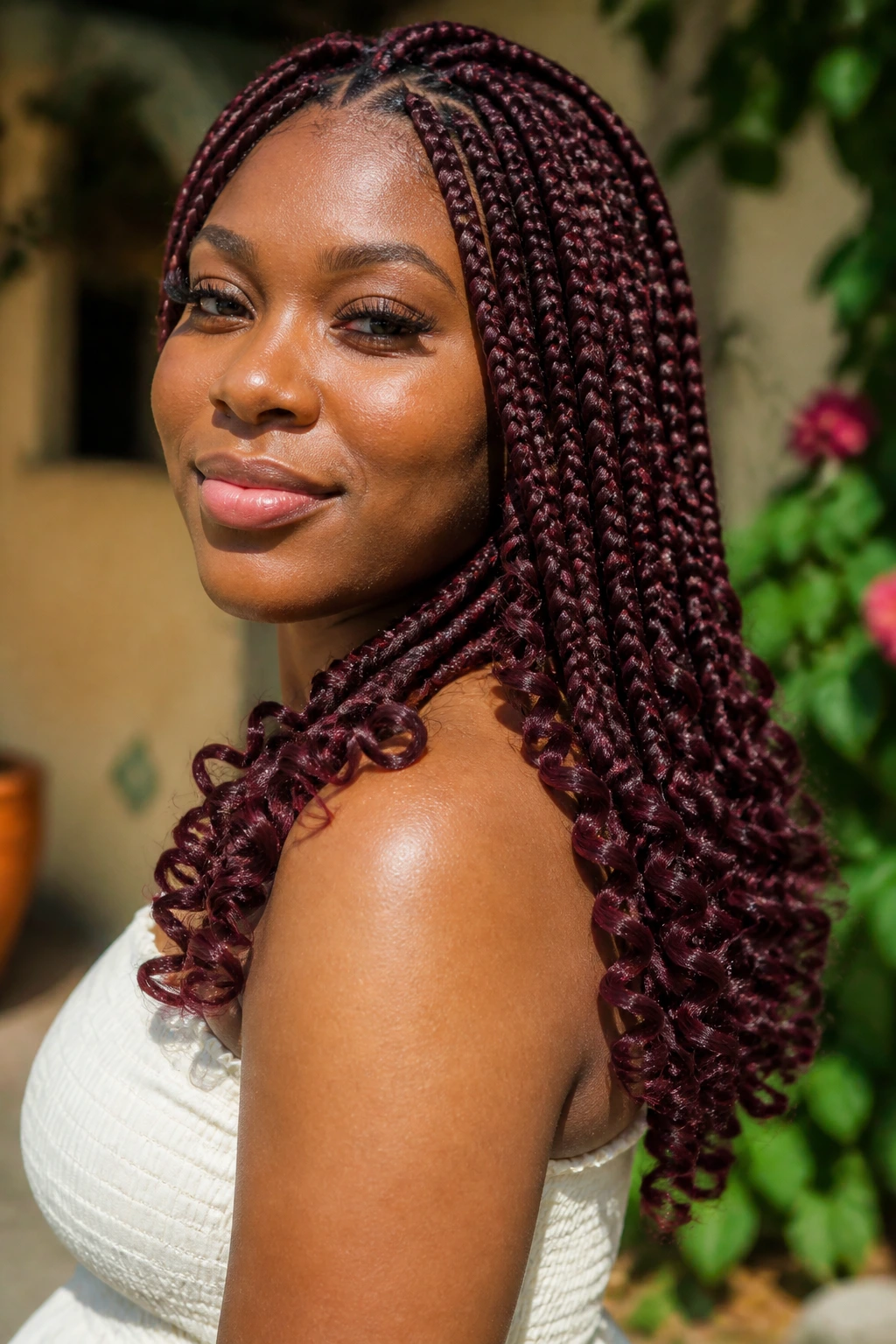 Burgundy box braids with spiral end curls on real person