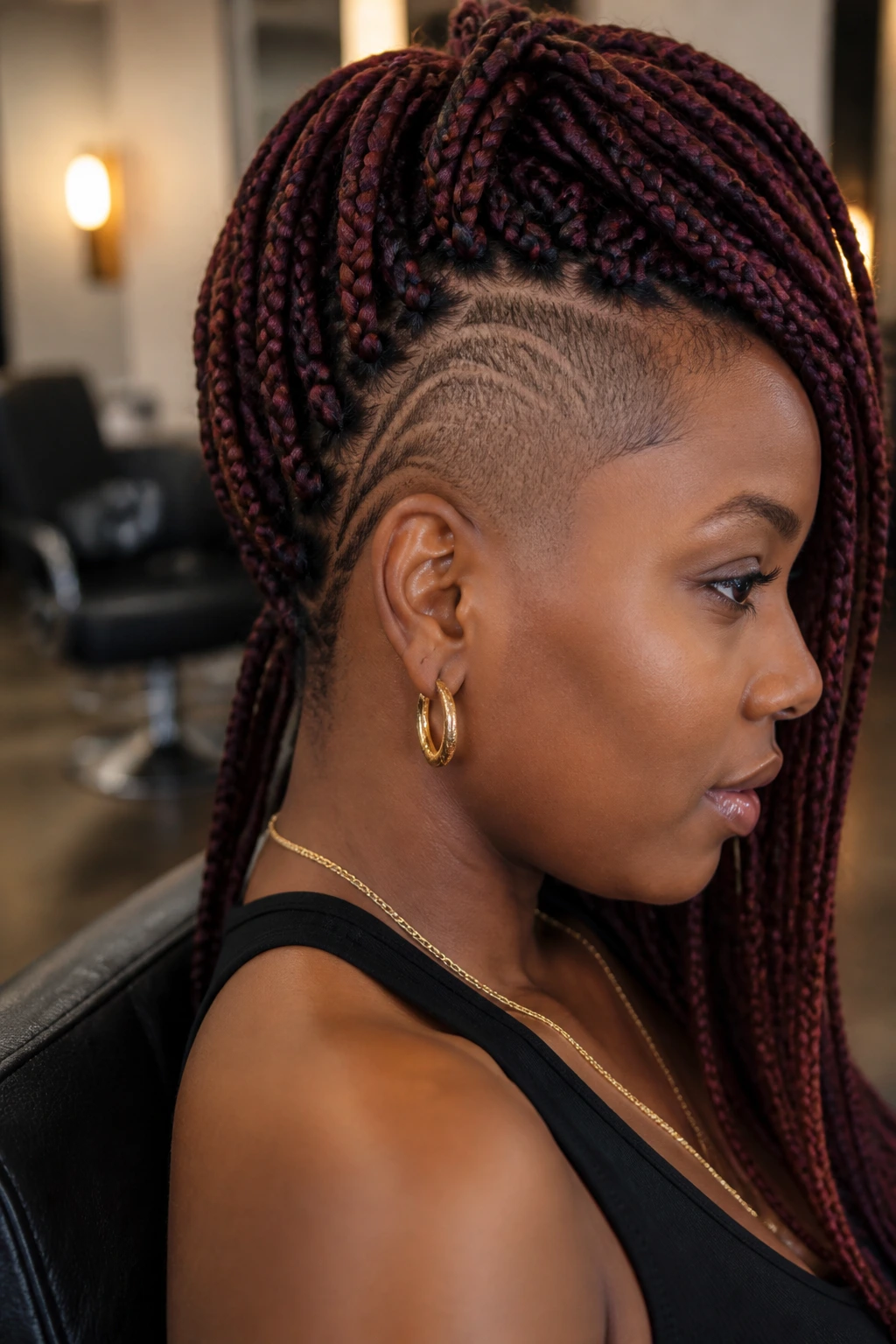 Burgundy box braids with undercut detail on real person