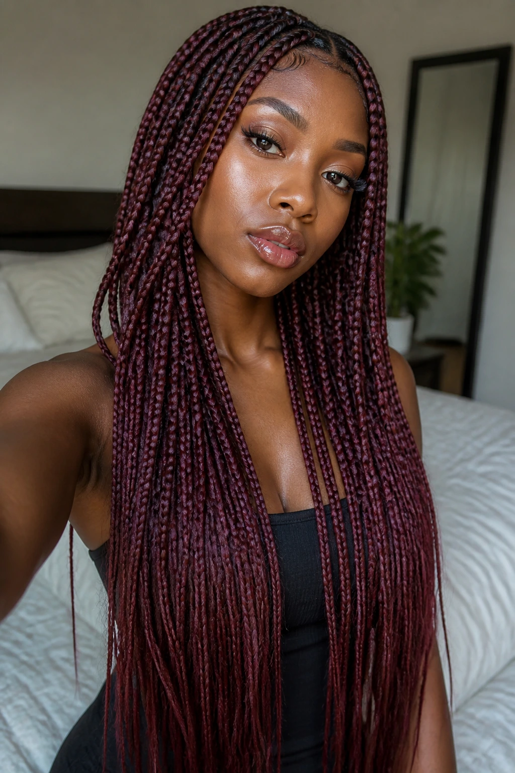 Close-up portrait of a real woman with waist-length burgundy box braids in a softly lit bedroom