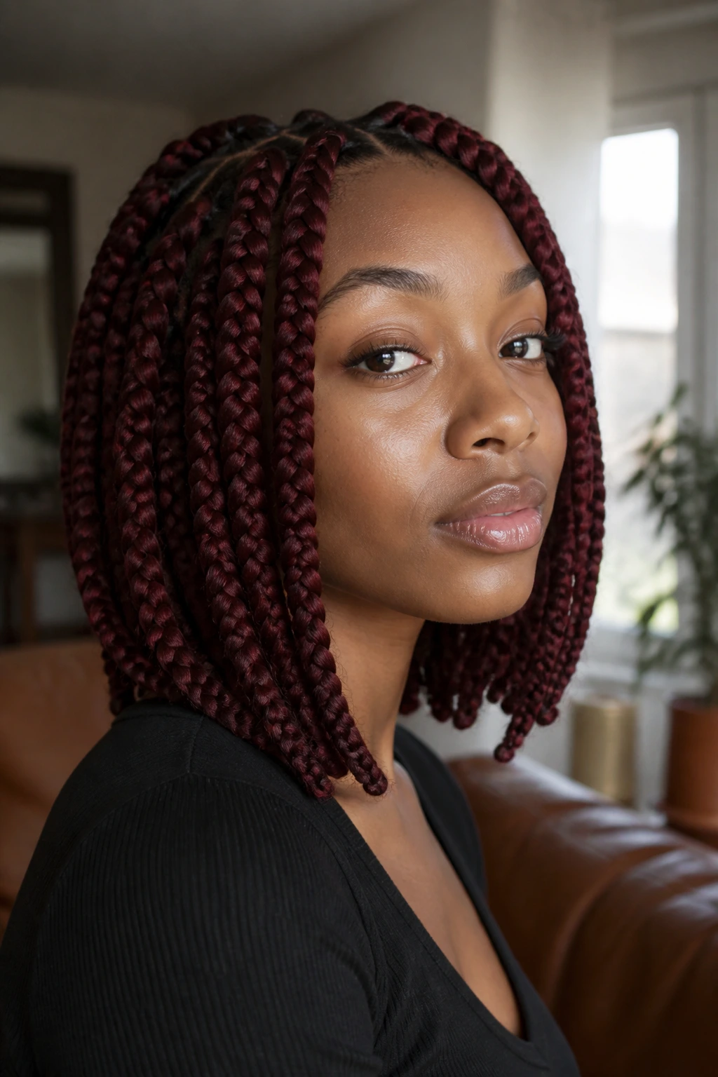 Close-up portrait of a real woman with burgundy big box braids