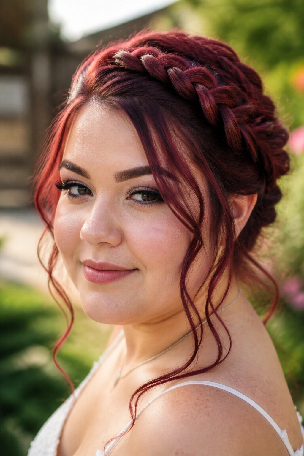Close-up of a woman with burgundy braids and soft tendrils at temples.