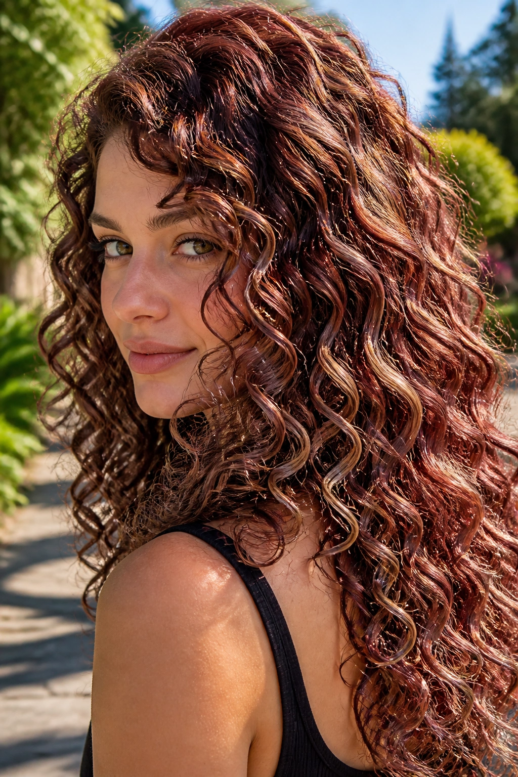 Close-up portrait of a woman with burgundy bronde curls showcasing burgundy and beige tones