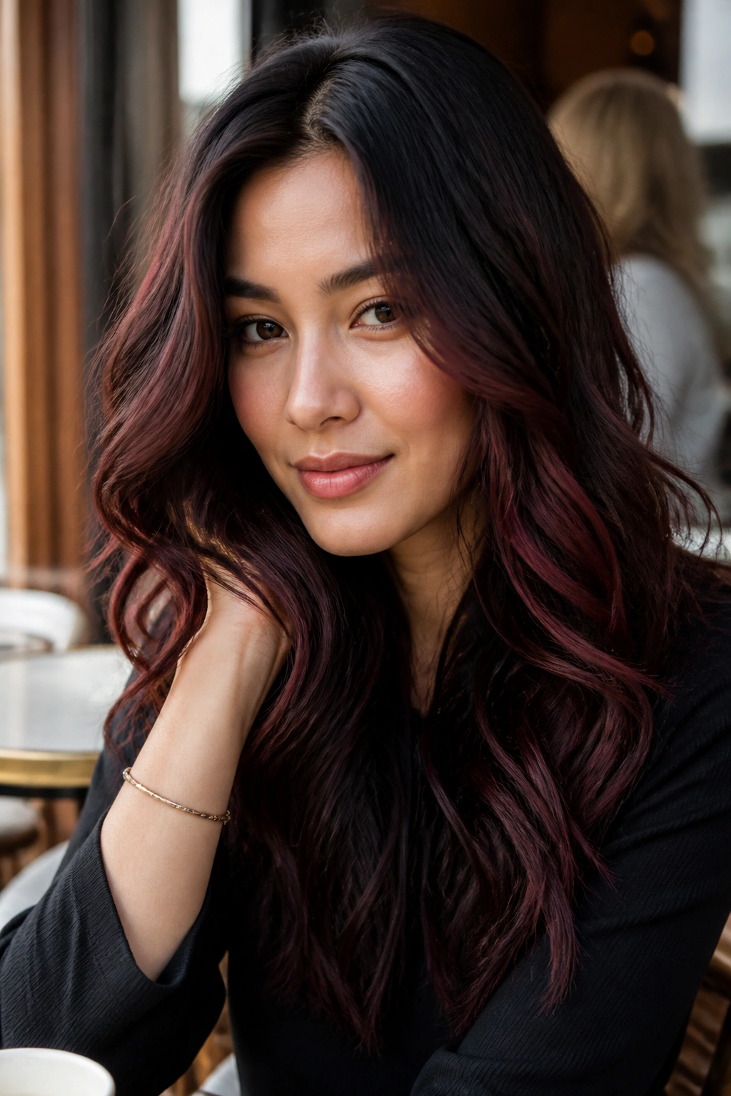 Close-up of burgundy brown balayage on brunette hair.